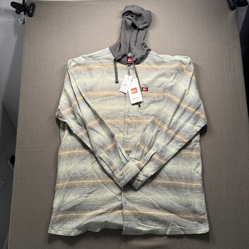 Quiksilver Hooded Flannel Shirt Men 2XL Mist Green Striped QSFLNHD01KL
